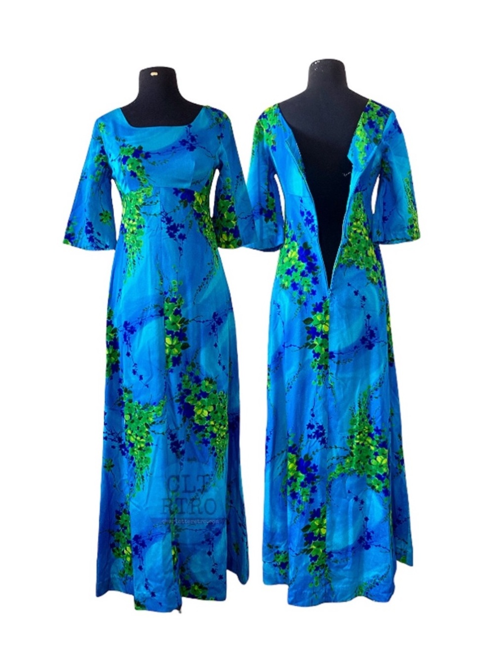 70s vtg Hawaiian Floral Maxi Dress
